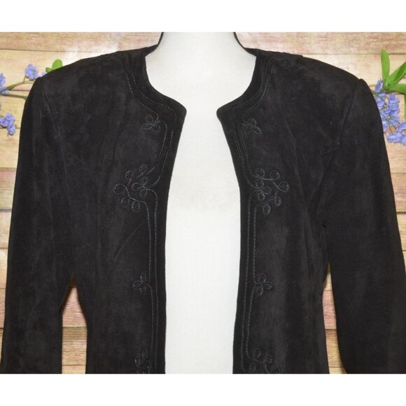 Vintage 80's Evan Davies Black Suede Leather Embroidered Blazer Jacket Size 10 - Picture 6 of 13
